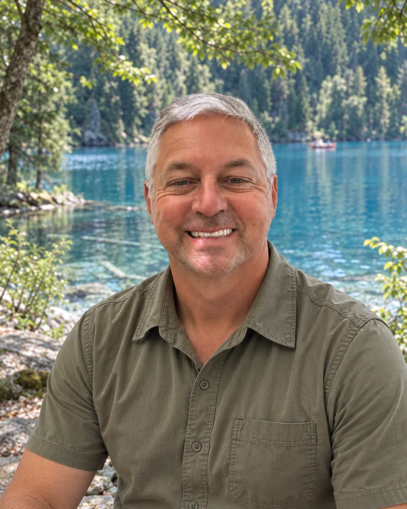 Carlos Gallego, guía de Swiss Golden Tours, junto a un lago de aguas turquesas